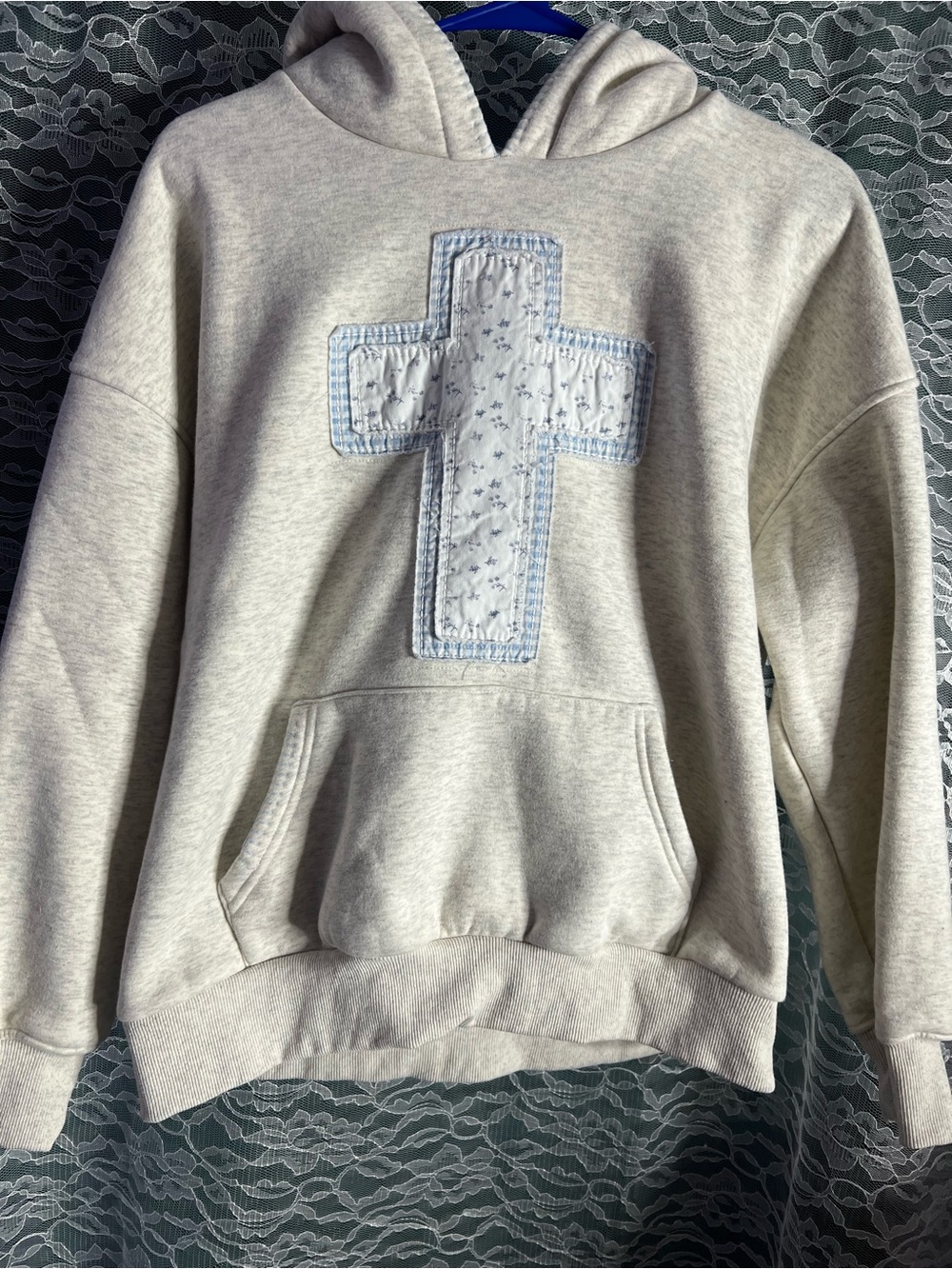 Altar’d State Blue Cross Patchwork Beige Hoodie Faith Sweater Oversized XS